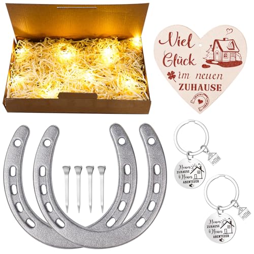 taonganui Hufeisen Deko Set,Hufeisen Glücksbringer für Hochzeit,Wohnung,Richtfest,Einzugsgeschenk mit Hölzerner Glücksbringer, Schlüsselanhänger, Hufeisennägel&LED Licht von taonganui