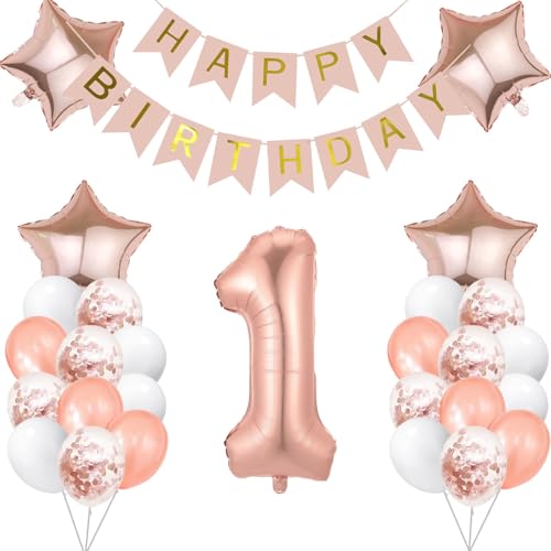 1 Jahr Geburtstag Roségold, Geburtstagsdeko 1 Jahr Luftballon 1. Folienballon Zahl 1 Happy Birthday Banner Konfetti Balloon Ballon 1 Deko zum Geburtstag Frauen Mädchen (Roségold Weiß 1) von tarumedo