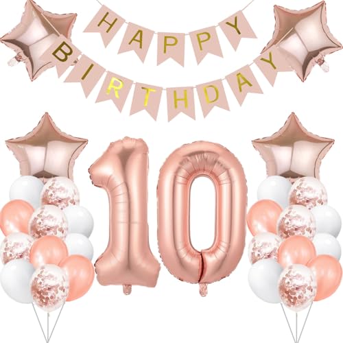10 Jahr Geburtstag Roségold, Geburtstagsdeko 10 Jahr Luftballon 10. Folienballon Zahl 10 Happy Birthday Banner Konfetti Balloon Ballon 10 Deko zum Geburtstag Frauen Mädchen von tarumedo