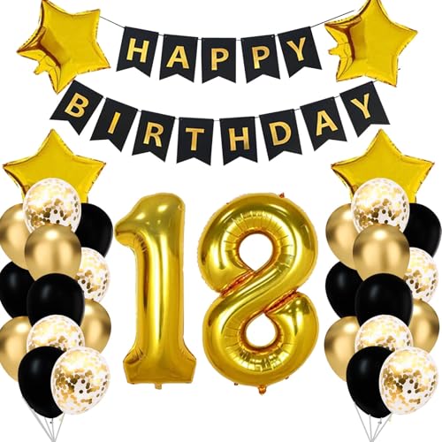 18 Geburtstag Deko, 18 Jahr Schwarz Gold Geburtstagdeko Happy Birthday Girlande Konfetti Luftballons Golden Schwarz Ballon Birthday Party Decorations (schwarzes gold 18) von tarumedo