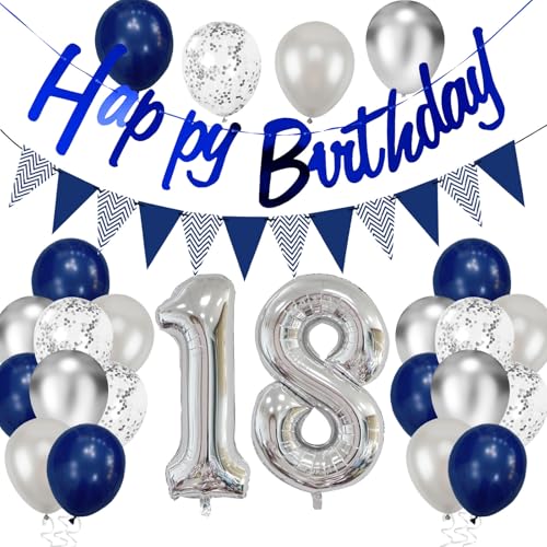 18 Geburtstag Deko, Blau Silber Geburtstagsdeko Happy Birthday Girlande Luftballons 18 Dunkelblau Silber Konfetti Ballons für Mädchen Junge Birthday Party Deko (dunkelblau silber 18) von tarumedo