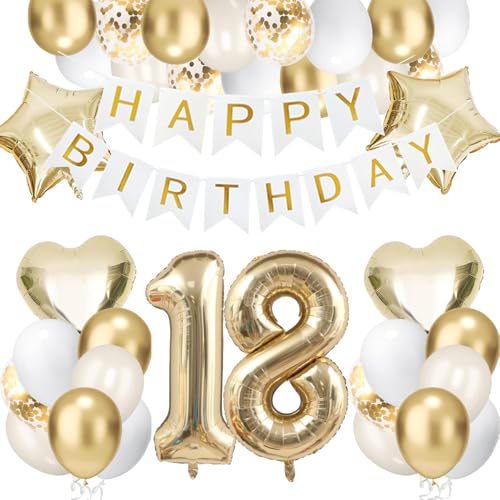 18 Geburtstagsdeko Gold, Folienballon 18 Happy Birthday Banner Hellgold Stern Herz Luftballons Sandweiß Gold Geburtstag Deko Konfetti Balloons fü Jahre Männer Frauen von tarumedo