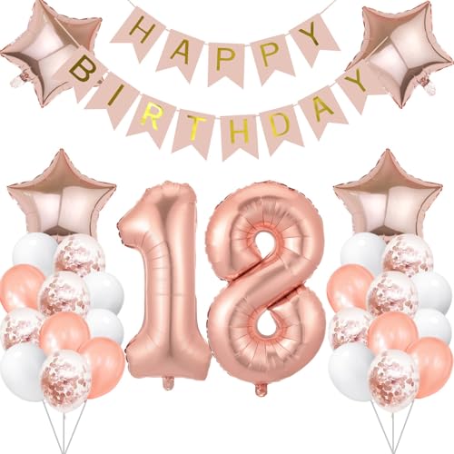 18 Jahr Geburtstag Roségold, Geburtstagsdeko 18 Jahr Luftballon 18. Folienballon Zahl 18 Happy Birthday Banner Konfetti Balloon Ballon 18 Deko zum Geburtstag Frauen Mädchen von tarumedo