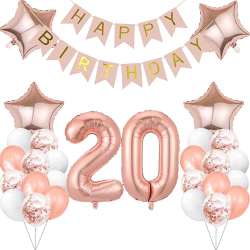 20 Jahr Geburtstag Roségold, Geburtstagsdeko 20 Jahr Luftballon 20. Folienballon Zahl 20 Happy Birthday Banner Konfetti Balloon Ballon 20 Deko zum Geburtstag Frauen Mädchen von tarumedo