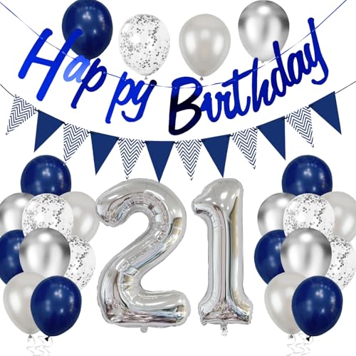 21 Geburtstag Deko, Blau Silber Geburtstagsdeko Happy Birthday Girlande Luftballons 21 Dunkelblau Silber Konfetti Ballons für Mädchen Junge Birthday Party Deko von tarumedo