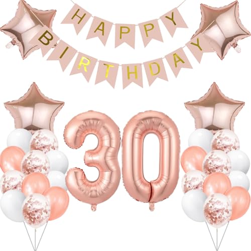 30 Jahr Geburtstag Roségold, Geburtstagsdeko 30 Jahr Luftballon 30. Folienballon Zahl 30 Happy Birthday Banner Konfetti Balloon Ballon 30 Deko zum Geburtstag Frauen Mädchen von tarumedo