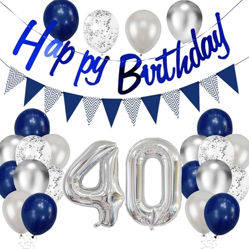 40 Geburtstag Deko, Blau Silber Geburtstagsdeko Happy Birthday Girlande Luftballons 40 Dunkelblau Silber Konfetti Ballons für Männer Frauen Birthday Party Deko von tarumedo