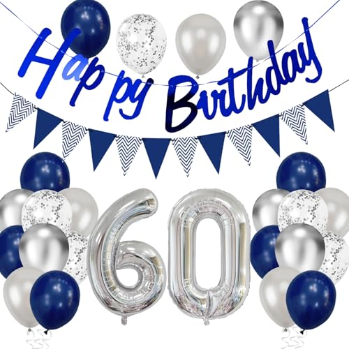 60 Geburtstag Deko, Blau Silber Geburtstagsdeko Happy Birthday Girlande Luftballons 60 Dunkelblau Silber Konfetti Ballons für Männer Frauen Birthday Party Deko von tarumedo