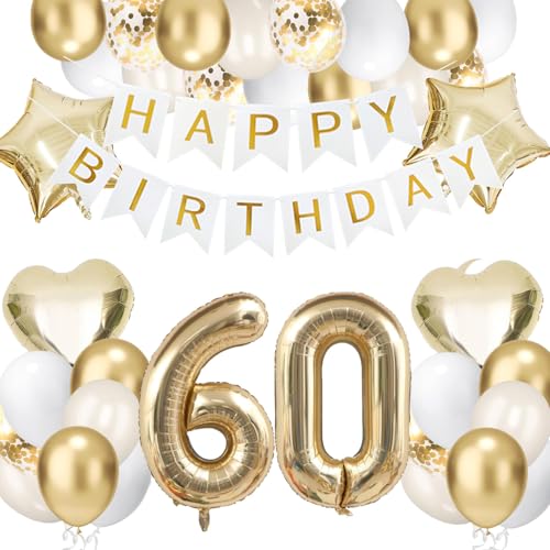 60 Geburtstagsdeko Gold, Folienballon 60 Happy Birthday Banner Hellgold Stern Herz Luftballons Sandweiß Gold Geburtstag Deko Konfetti Balloons fü Jahre Männer Frauen von tarumedo