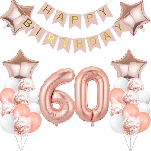 60 Jahr Geburtstag Roségold, Geburtstagsdeko 60 Jahr Luftballon 60. Folienballon Zahl 60 Happy Birthday Banner Konfetti Balloon Ballon 60 Deko zum Geburtstag Frauen Mädchen von tarumedo