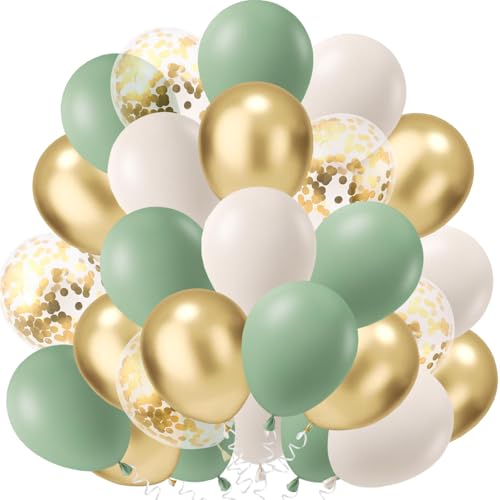 60 Stück Luftballons Grün White Gold Ballons, Metallischen Grüne Luftballons für Taufe Kinder Kindergarten Dschungel Party Deko Safari Geburtstag Dekoration (Salbeigrün gold sandweiß) von tarumedo
