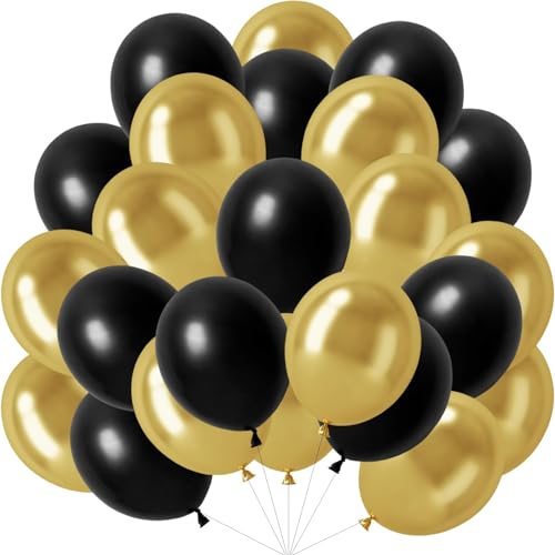 60 Stück Luftballons Schwarz Gold, 12 Zoll Helium Ballons Metallic Gold Schwarz Latex Ballons Partyballon fur Geburtstag Hochzeit Jahrestag Babydusche Party Deko (Schwarz & Metallic Gold) von tarumedo