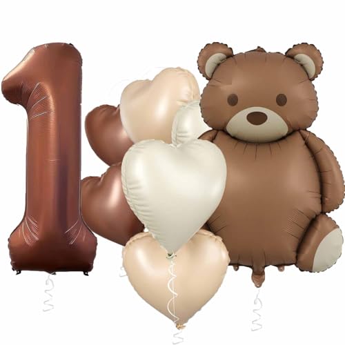 Bär Geburtstagsdeko 1 Jahr, Bär Luftballons Zahl 1 Ballon mit Herz Folienballon Bären Deko 1. Geburtstag 1 Jahr Geburtstags Junge Mädchen Kindergeburtstag Dekoration (Braun 1) von tarumedo