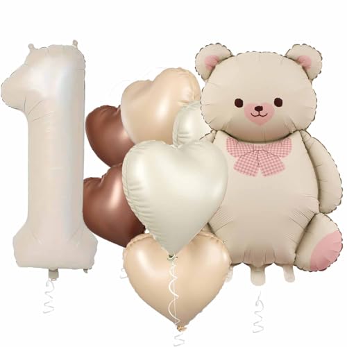 Bär Geburtstagsdeko 1 Jahr, Bär Luftballons Zahl 1 Ballon mit Herz Folienballon Bären Deko 1. Geburtstag 1 Jahr Geburtstags Junge Mädchen Kindergeburtstag Dekoration (Creme 1) von tarumedo