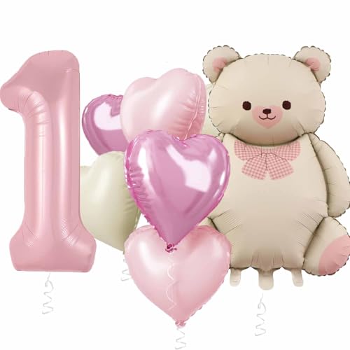 Bär Geburtstagsdeko 1 Jahr, Bär Luftballons Zahl 1 Ballon mit Herz Folienballon Bären Deko 1. Geburtstag 1 Jahr Geburtstags Junge Mädchen Kindergeburtstag Dekoration (Rosa 1) von tarumedo