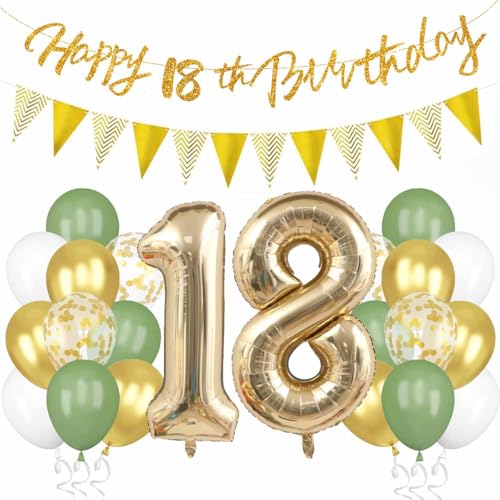 Deko 18. Geburtstag, Salbeigrüne 18 Geburtstag Deko Grün Weiß Gold Luftballons mit mit Banner Flaggen Zahl 18 Folienballon für Frauen und Männer 18 Jahre Geburtstagsdeko Deko 18. Geburtstag, Salbeigrüne 18 Geburtstag Deko Grün Weiß Gold Luftballons mit mit Banner Flaggen Zahl 18 Folienballon für Frauen und Männer 18 Jahre Geburtstagsdeko von tarumedo