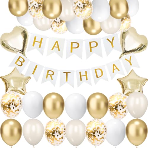 Geburtstagsdeko Gold, Sand Weiß Party Deko Happy Birthday Banner Konfetti Luftballons Hellgold Folienballon für Frauen Mädchen Geburtstag Deko (Weiß gold ohne nummer) von tarumedo