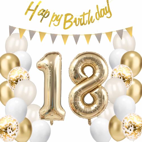 Gold 18. Geburtstagsdeko, Sandweiß Gold Luftballons mit Banner Flaggen Zahl 18 Folienballon Happy Birthday Garland Konfetti Ballon für Männer und Frauen Gold 18. Geburtstagsdeko, Sandweiß Gold Luftballons mit Banner Flaggen Zahl 18 Folienballon Happy Birthday Garland Konfetti Ballon für Männer und Frauen von tarumedo