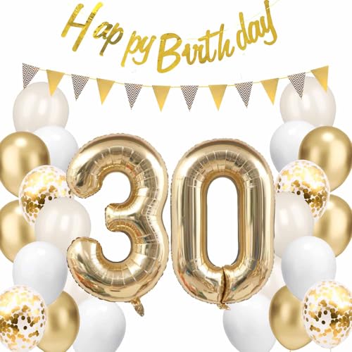 Gold 30. Geburtstagsdeko, Sandweiß Gold Luftballons mit Banner Flaggen Zahl 30 Folienballon Happy Birthday Garland Konfetti Ballon für Männer und Frauen Gold 30. Geburtstagsdeko, Sandweiß Gold Luftballons mit Banner Flaggen Zahl 30 Folienballon Happy Birthday Garland Konfetti Ballon für Männer und Frauen von tarumedo