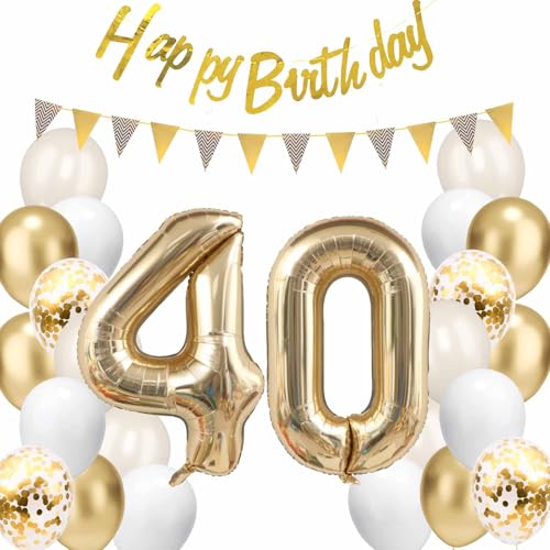 Gold 40. Geburtstagsdeko, Sandweiß Gold Luftballons mit Banner Flaggen Zahl 40 Folienballon Happy Birthday Garland Konfetti Ballon für Männer und Frauen Gold 40. Geburtstagsdeko, Sandweiß Gold Luftballons mit Banner Flaggen Zahl 40 Folienballon Happy Birthday Garland Konfetti Ballon für Männer und Frauen von tarumedo