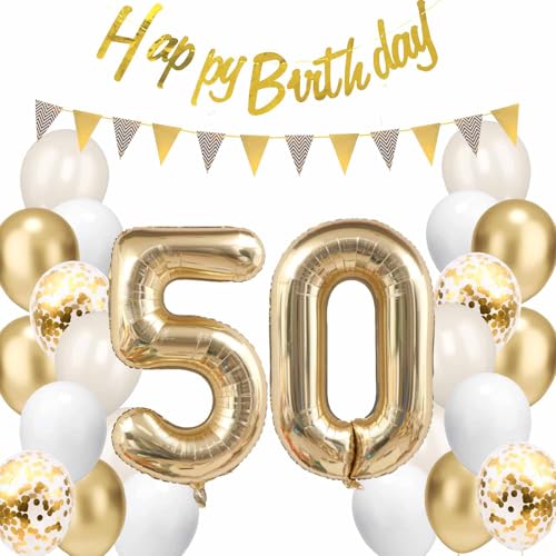 Gold 50. Geburtstagsdeko, Sandweiß Gold Luftballons mit Banner Flaggen Zahl 50 Folienballon Happy Birthday Garland Konfetti Ballon für Männer und Frauen von tarumedo