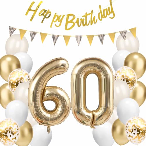 Gold 60. Geburtstagsdeko, Sandweiß Gold Luftballons mit Banner Flaggen Zahl 60 Folienballon Happy Birthday Garland Konfetti Ballon für Männer und Frauen Gold 60. Geburtstagsdeko, Sandweiß Gold Luftballons mit Banner Flaggen Zahl 60 Folienballon Happy Birthday Garland Konfetti Ballon für Männer und Frauen von tarumedo