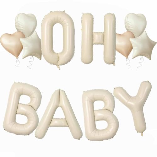 OH BABY Luftballon, 16 Zoll Creme Oh Baby Balloons Cremeweiß OH BABY Buchstaben Foilballons mit Herz Ster Folienluftballon für Junge Mädchen Babyparty Baby Shower Deko von tarumedo