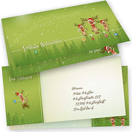 LUSTIGE RENTIERE Weihnachtskarten mit Umschlag Set 15er SET Klappkarten DIN lang grün lustig von tatmotive