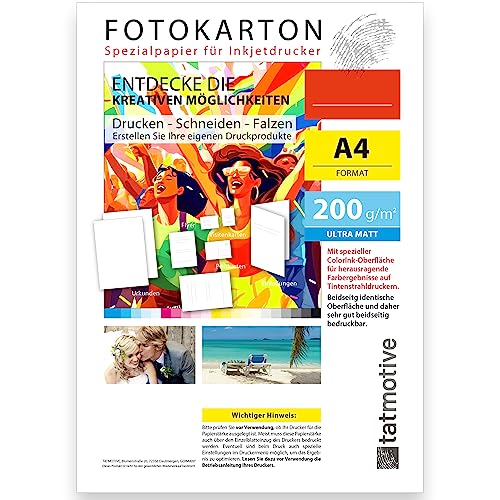 TATMOTIVE Fotopapier DIN A4 200g MATT weiß | Speziell Tintenstrahldrucker Inkjet | Beidseitig bedruckbar | 40 Blatt von tatmotive