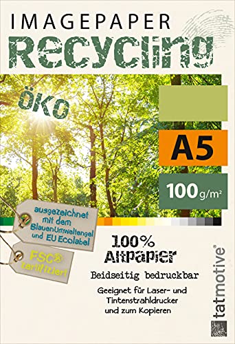 TATMOTIVE Imagepaper Recyclingpapier Öko 100g/qm A5, FSC zertifiziert, geeignet für alle Drucker, 1000 Blatt Kopierpapier Druckerpapier nachhaltig von tatmotive