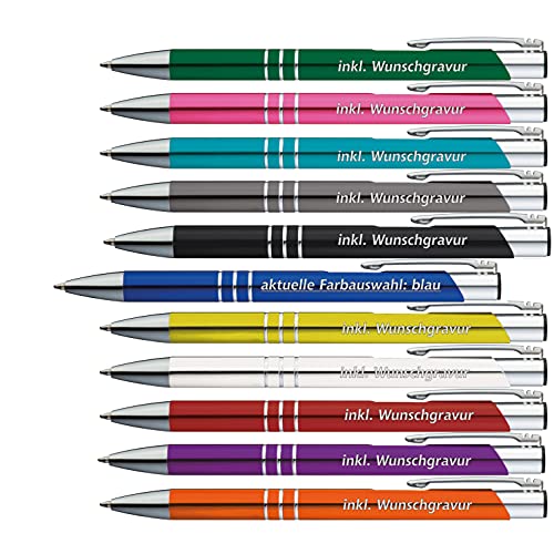50 x Metallkugelschreiber mit 3 Zierringen inkl. Wunsch-Gravur Farbe | BLAU | wählen Sie aus 20 Schriftarten und 14 verschiedenen Farben Ihren Wunsch-Kugelschreiber von #teamludorf