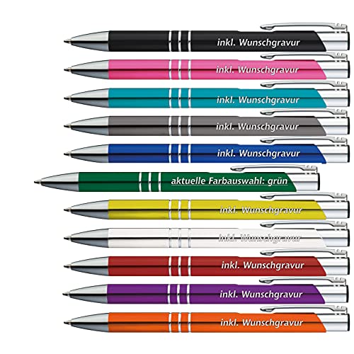 #teamludorf 50 x Metallkugelschreiber mit 3 Zierringen inkl. Wunsch-Gravur Farbe | GRÜN | wählen Sie aus 20 Schriftarten und 14 verschiedenen Farben Ihren Wunsch-Kugelschreiber… von #teamludorf