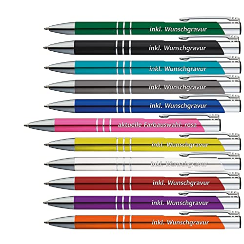 50 x Metallkugelschreiber mit 3 Zierringen inkl. Wunsch-Gravur Farbe | PINK | wählen Sie aus 20 Schriftarten und 14 verschiedenen Farben Ihren Wunsch-Kugelschreiber von #teamludorf