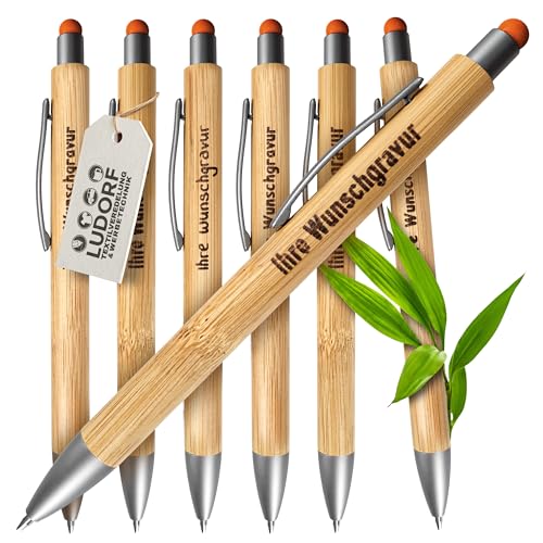 #teamludorf - 25x Bambus Kugelschreiber mit Touchfunktion mit Lasergravur, Umweltfreundlich, Blaue Mine - Ideal für Werbegeschenke Personalisierbar, Farbe: Orange von #teamludorf