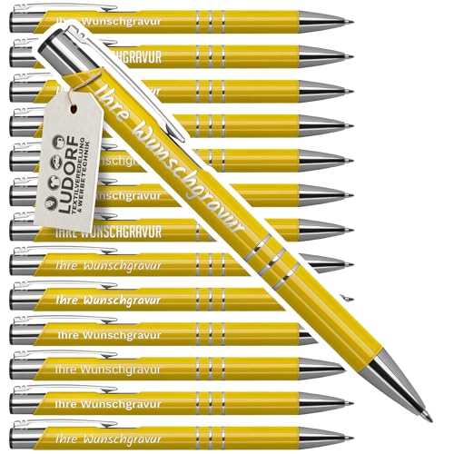 #teamludorf 50x DELTA UNI LACKIERT Metall-Kugelschreiber mit Wunsch-Gravur - Personalisierte Kulis - Stift mit Namen - 16 Farben & 20 Schriftarten - 50 Stück - Gelb von #teamludorf