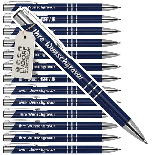 #teamludorf 50x Kugelschreiber mit Gravur - Hochwertige Metallkugelschreiber mit 3 Zierringen - Personalisierter Kugelschreiber mit Gravur - Werbekugelschreiber - Stift mit Gravur - Dunkelblau UniLack von #teamludorf
