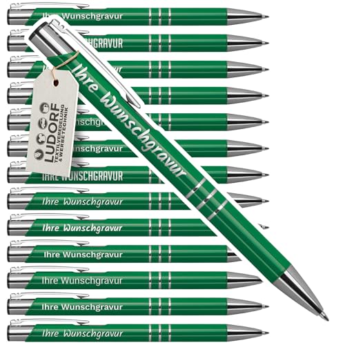#teamludorf 50x Kugelschreiber mit Gravur - Hochwertige Metallkugelschreiber mit 3 Zierringen - Personalisierter Kugelschreiber mit Gravur - Werbekugelschreiber - Stift mit Gravur - Grün UniLack von #teamludorf