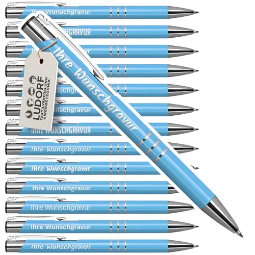 #teamludorf 50x Kugelschreiber mit Gravur - Hochwertige Metallkugelschreiber mit 3 Zierringen - Personalisierter Kugelschreiber mit Gravur - Werbekugelschreiber - Stift mit Gravur - Hellblau UniLack von #teamludorf