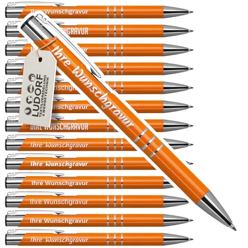 #teamludorf 50x Kugelschreiber mit Gravur - Hochwertige Metallkugelschreiber mit 3 Zierringen - Personalisierter Kugelschreiber mit Gravur - Werbekugelschreiber - Stift mit Gravur - Orange UniLack von #teamludorf