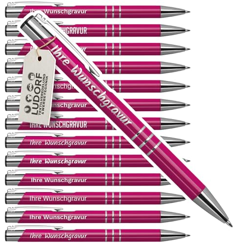 #teamludorf 50x Kugelschreiber mit Gravur - Hochwertige Metallkugelschreiber mit 3 Zierringen - Personalisierter Kugelschreiber mit Gravur - Werbekugelschreiber - Stift mit Gravur - Pink UniLack von #teamludorf