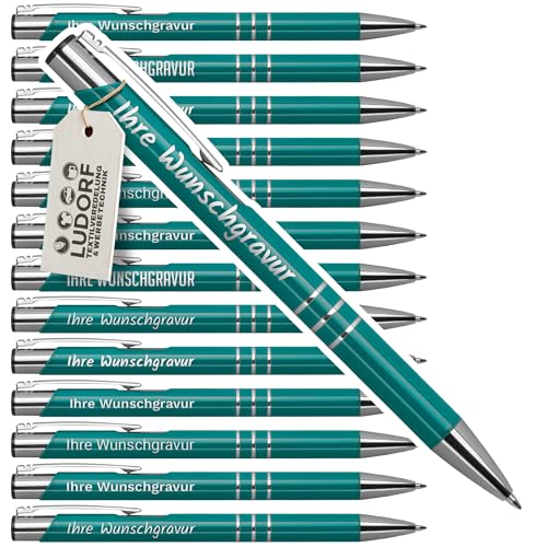 #teamludorf 50x Kugelschreiber mit Gravur - Hochwertige Metallkugelschreiber mit 3 Zierringen - Personalisierter Kugelschreiber mit Gravur - Werbekugelschreiber - Stift mit Gravur - Türkis UniLack von #teamludorf