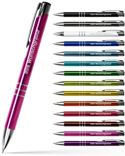 #teamludorf 10x Metall-Kugelschreiber mit Wunsch-Gravur - Personalisierte Kulis - Stift mit Namen - 14 Farben & 20 Schriftarten - 10 Stück - Pink von #teamludorf