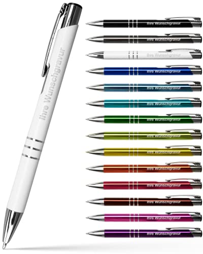 #teamludorf 100x Metall-Kugelschreiber mit Wunsch-Gravur - Personalisierte Kulis - Stift mit Namen - 14 Farben & 20 Schriftarten - 100 Stück - Weiß von #teamludorf