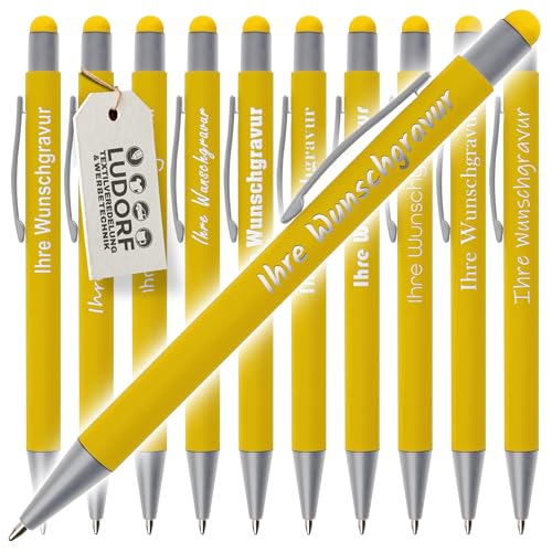 #teamludorf GRIP Kugelschreiber mit Touchfunktion – 50er Set Kugelschreiber mit Gravur | Personalisierte Kugelschreiber gummiert | Stift mit Gravur mit blauer Mine (GELB, 50) von #teamludorf