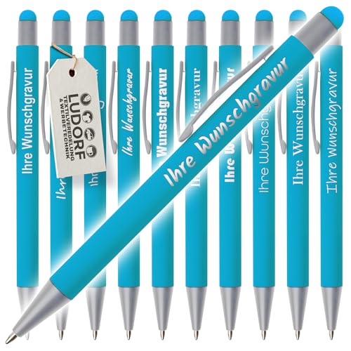 #teamludorf GRIP Kugelschreiber mit Touchfunktion – 50er Set Kugelschreiber mit Gravur | Personalisierte Kugelschreiber gummiert | Stift mit Gravur mit blauer Mine (HELLBLAU, 50) von #teamludorf