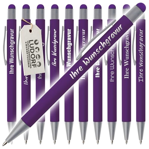 #teamludorf GRIP Kugelschreiber mit Touchfunktion – 50er Set Kugelschreiber mit Gravur | Personalisierte Kugelschreiber gummiert | Stift mit Gravur mit blauer Mine (LILA, 50) von #teamludorf