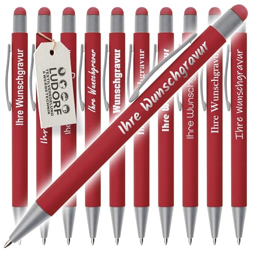 #teamludorf GRIP Kugelschreiber mit Touchfunktion – 50er Set Kugelschreiber mit Gravur | Personalisierte Kugelschreiber gummiert | Stift mit Gravur mit blauer Mine (ROT, 50) von #teamludorf