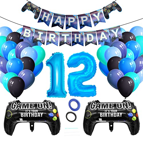 Luftballons Geburtstagsdeko Junge 12 Jahre, Techextra Videospiel Game Party Geburtstag Dekoration Zubehör Set mit Happy Birthday Banner für 12. Jahr Jungen Ballon Geburstag Deko (12 Jahr) von techextra