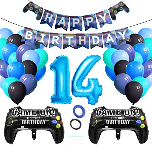Luftballons Geburtstagsdeko Junge 14 Jahre, Techextra Videospiel Game Party Geburtstag Dekoration Zubehör Set mit Happy Birthday Banner für 14. Jahr Jungen Ballon Geburstag Deko (14 Jahr) von techextra