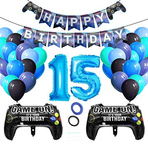 Luftballons Geburtstagsdeko Junge 15 Jahre, Techextra Videospiel Game Party Geburtstag Dekoration Zubehör Set mit Happy Birthday Banner für 15. Jahr Jungen Ballon Geburstag Deko (15 Jahr) von techextra